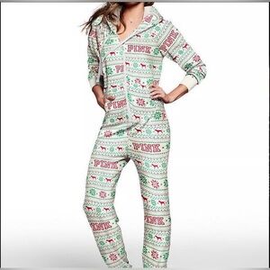 PINK Victoria's Secret Far Isle Pajama Onsie - Green and Red